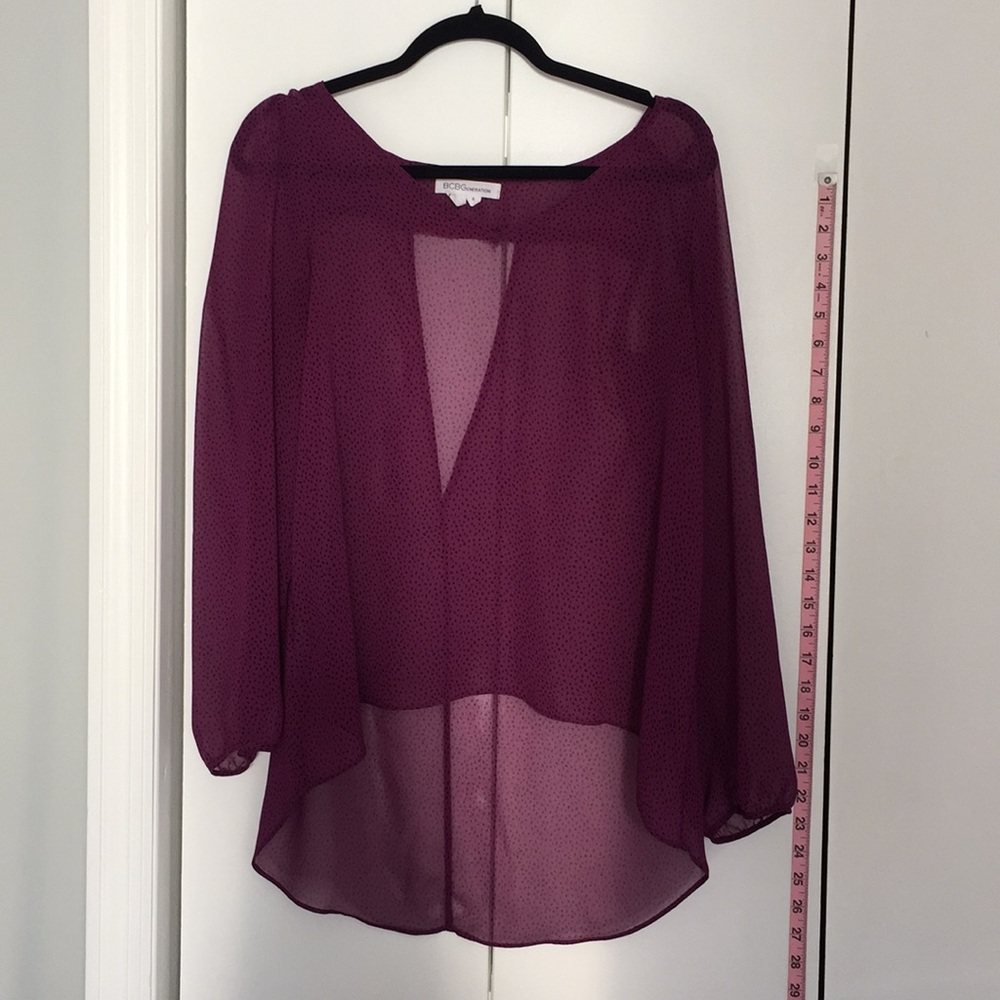 BCBGeneration sheer purple top with black dots